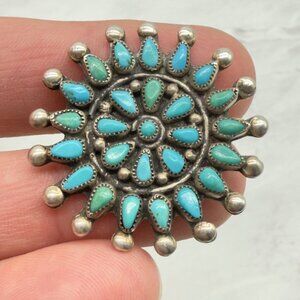 Vintage Zuni Signed Sterling Silver Turquoise Petit Point Rosette Pin 1.5 inch